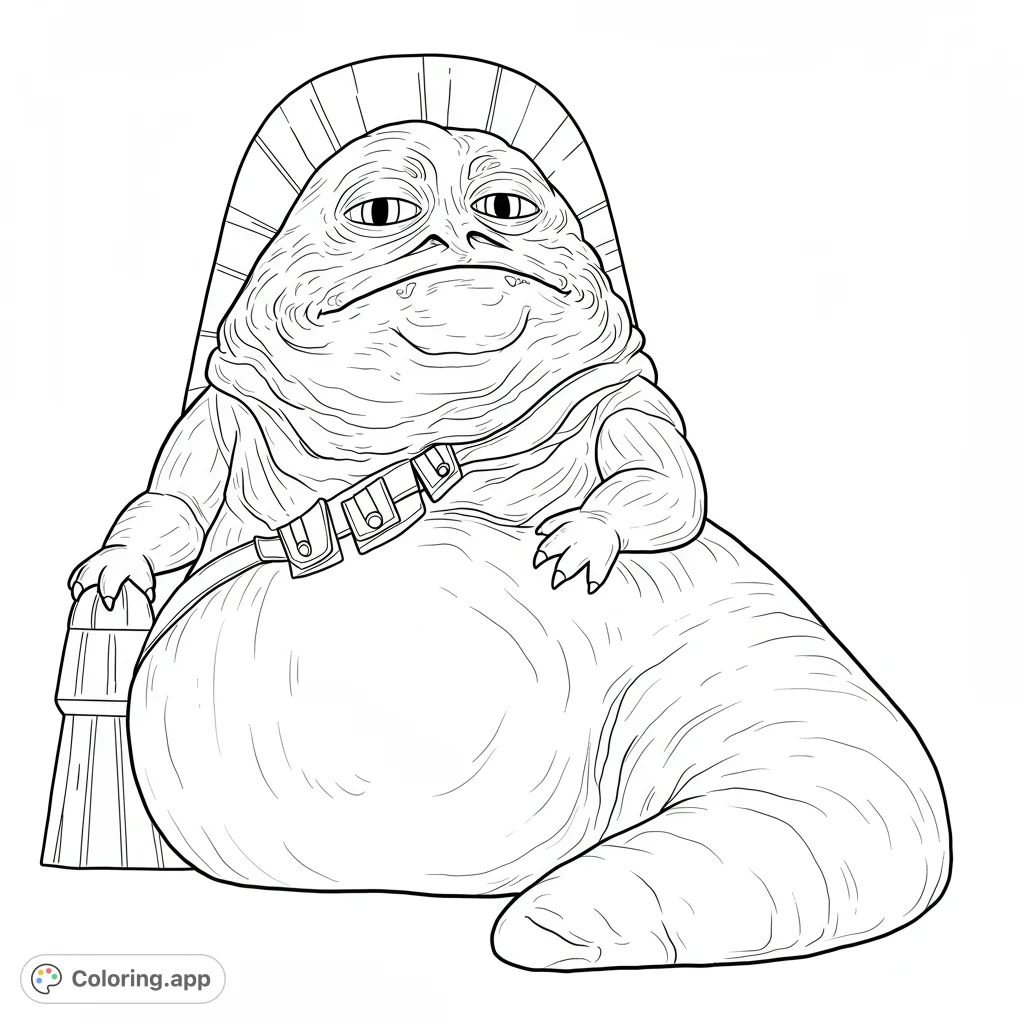 Jabba the Hutt coloring page. A detailed black and white line drawing with clean lines and open spaces for easy coloring.