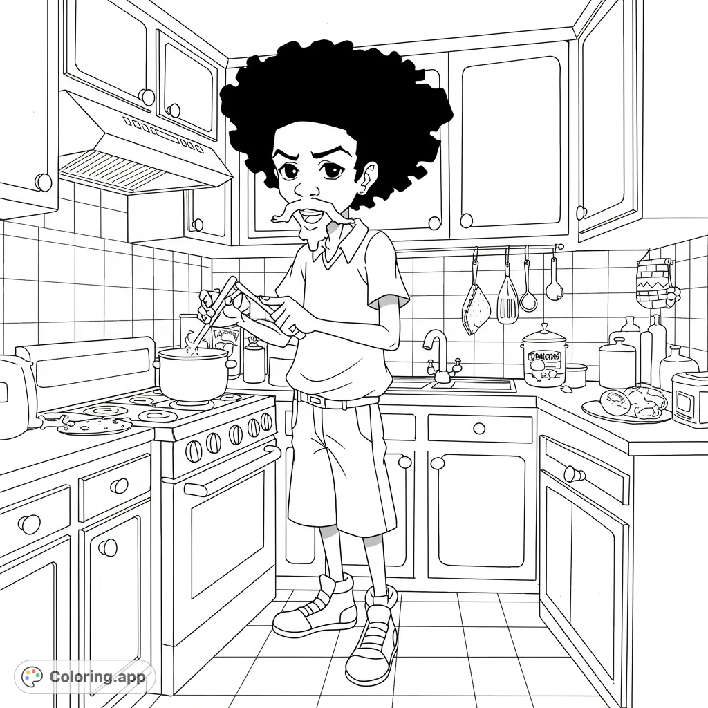 Grandad Freeman cooks up a meal in this detailed Boondocks kitchen scene. Perfect for fans, this black and white line art offers a fun coloring experience.