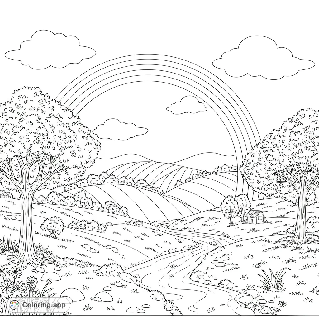 A beautiful black and white coloring page featuring a vibrant rainbow arching over a peaceful valley scene. Perfect for kids and adults to enjoy and color!