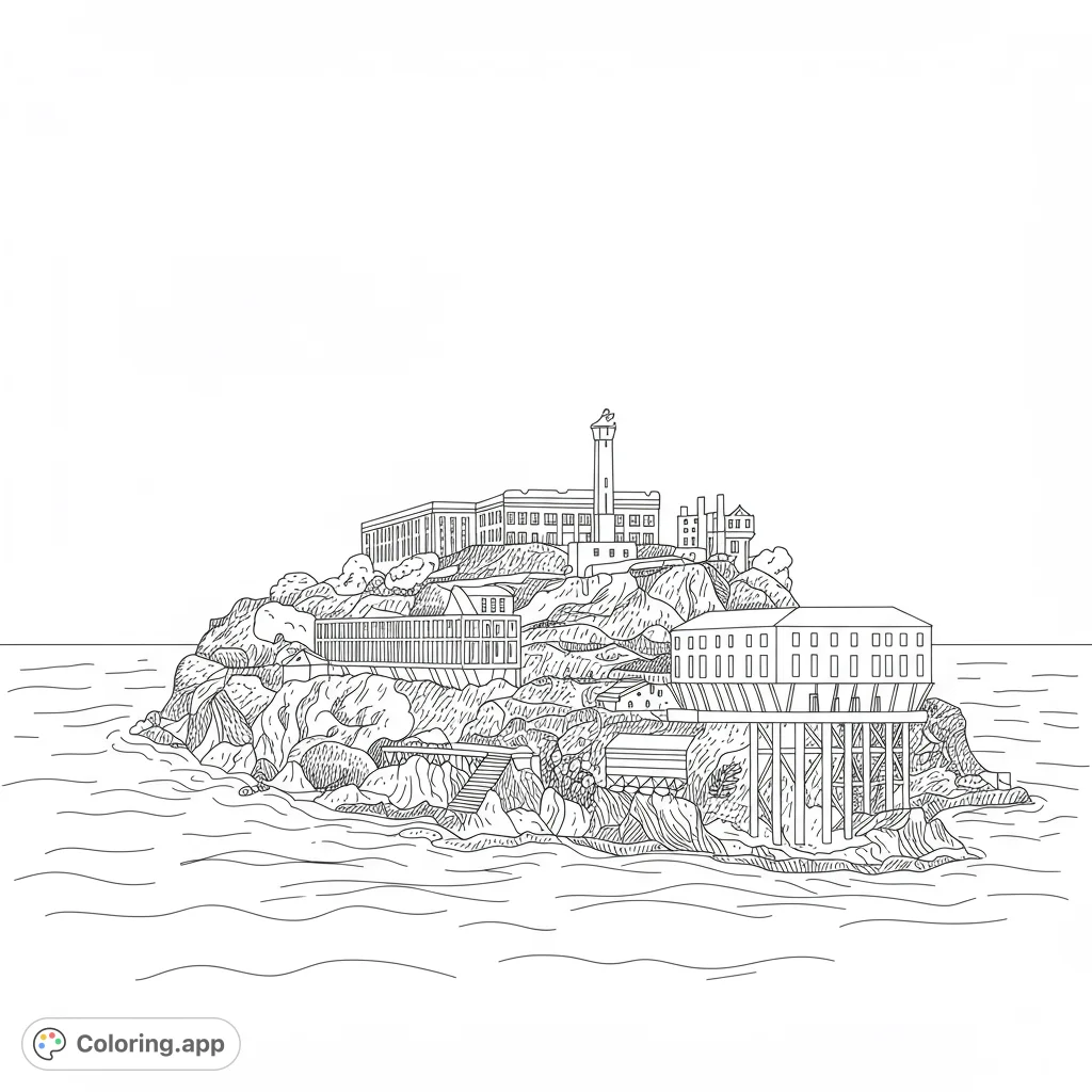 Alcatraz Island coloring page. Detailed black and white line art of the famous prison.