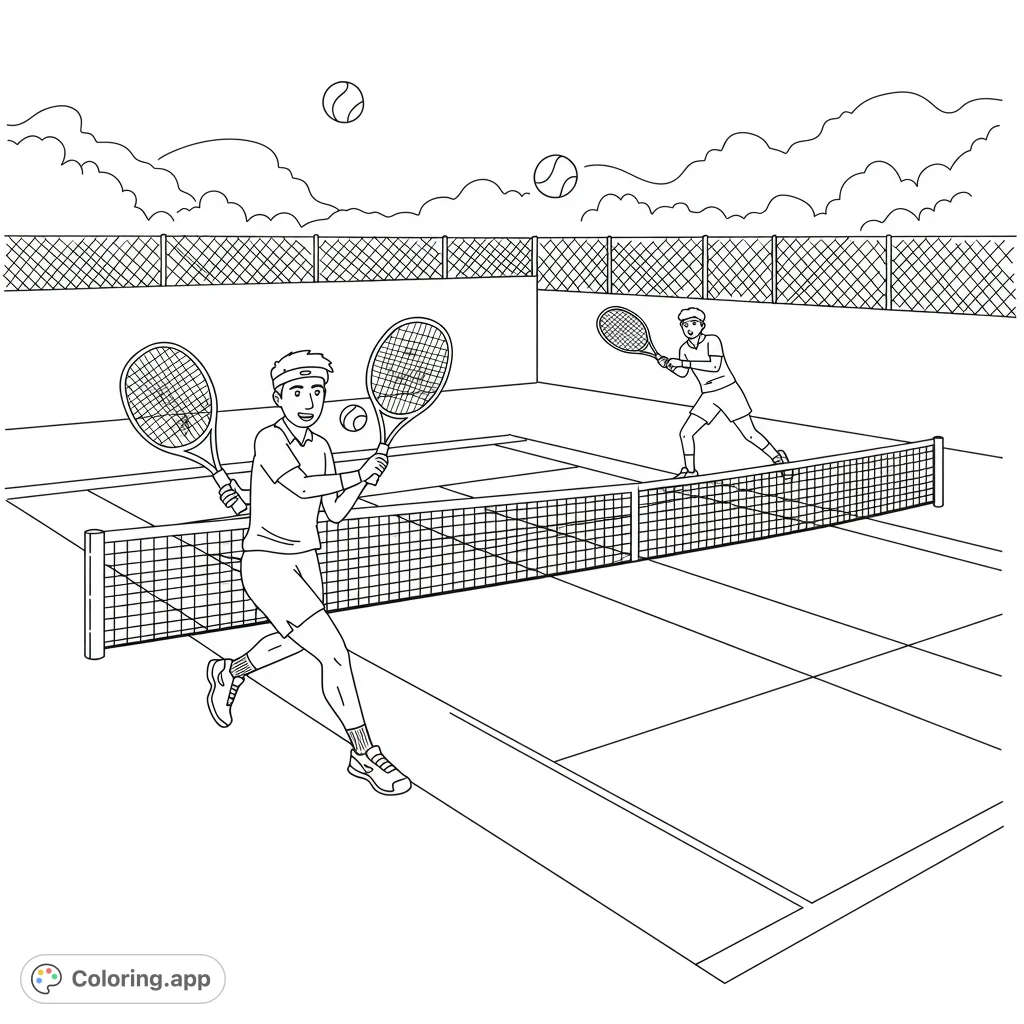 Dynamic tennis match coloring page! Features a detailed court, players in action, and a clear, bold line style.
