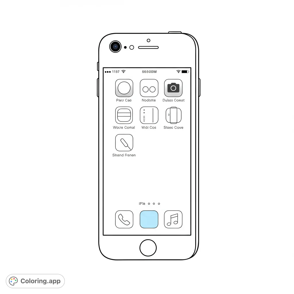 Detailed iPhone coloring page. Features a modern smartphone with intricate details and open spaces for easy coloring.
