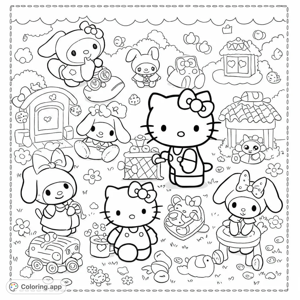 Adorable Hello Kitty and friends coloring page! Featuring clean, bold lines and a balanced design with detailed and open areas for creative coloring fun.