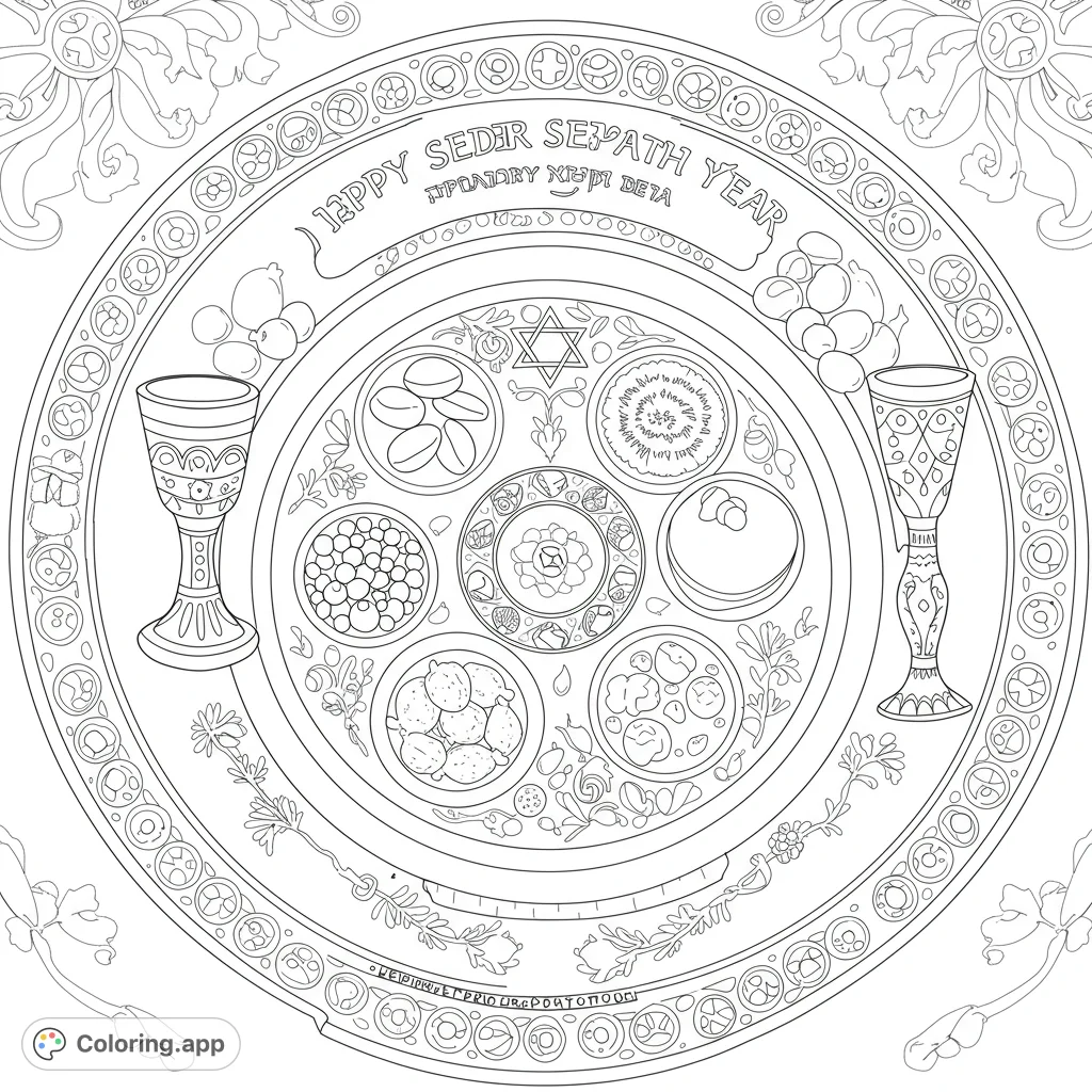 Celebrate Passover with this detailed coloring page! Features a Seder plate, matzah, and other symbolic elements.