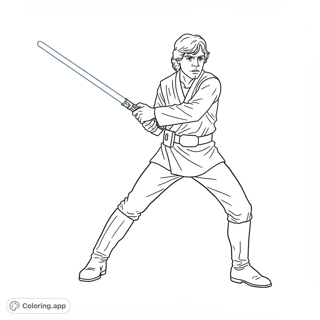Luke Skywalker coloring page. A detailed black and white line drawing of the Jedi Knight in a dynamic pose, perfect for Star Wars fans of all ages.