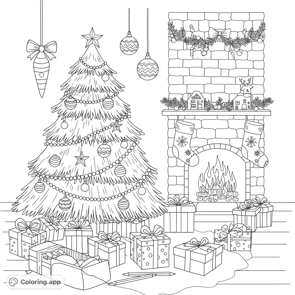 Festive Christmas coloring page! Features a detailed illustration of holiday elements with clean lines and open spaces for easy coloring.