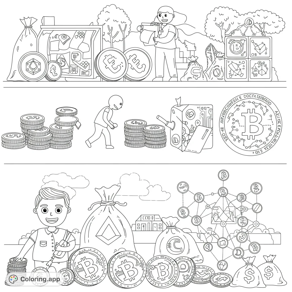 Explore the evolution of money! This black and white line art coloring page features coins, digital currency, and blockchain elements.