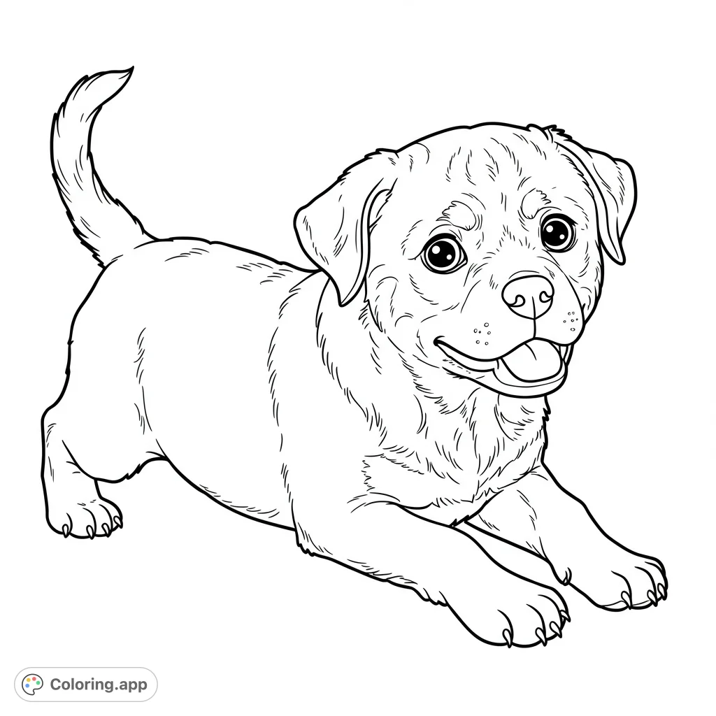 Adorable Rottweiler puppy coloring page. Features a cute, playful pup with clean lines and open spaces for easy coloring.
