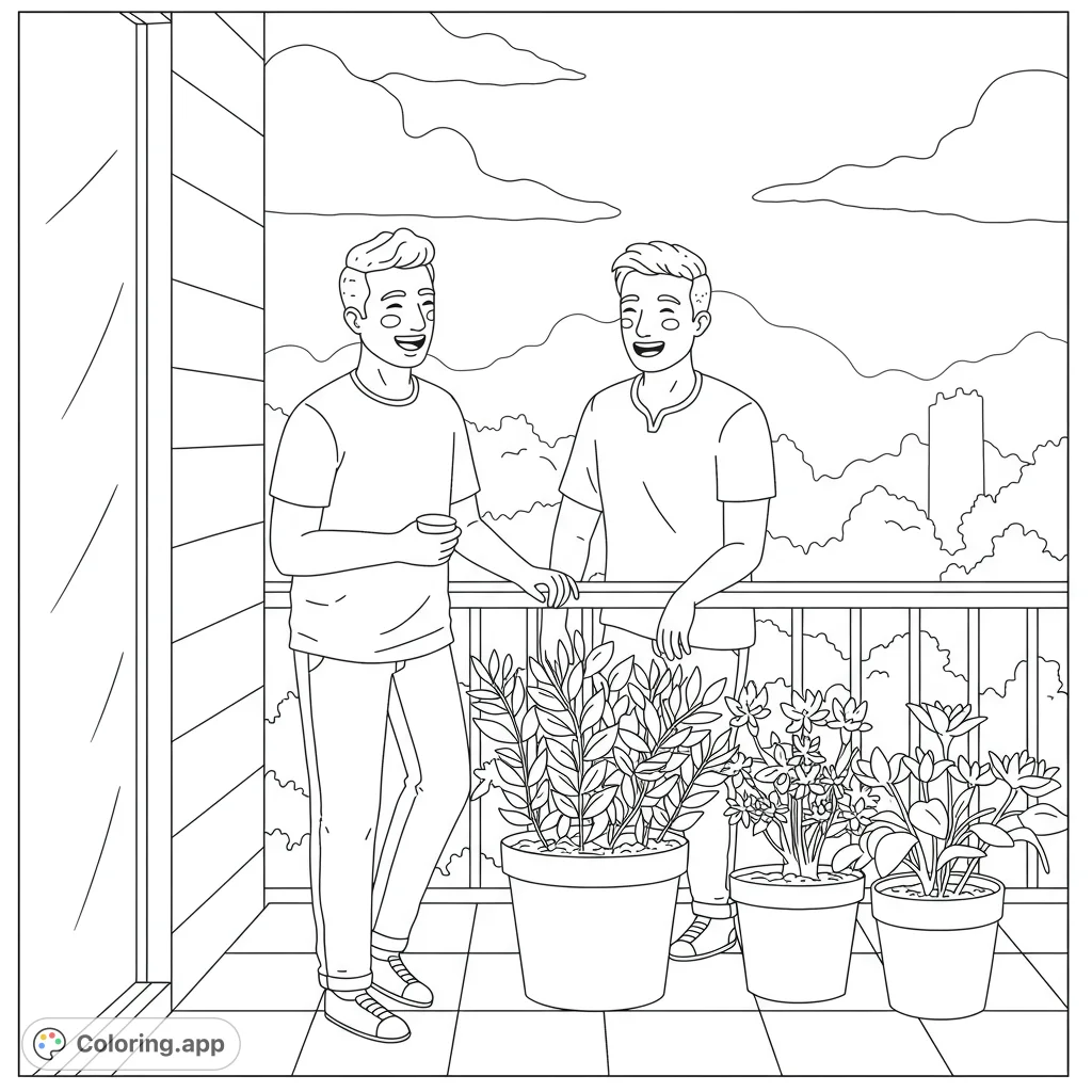 Enjoy this heartwarming coloring page! Features a loving gay couple laughing together while gardening on a balcony.