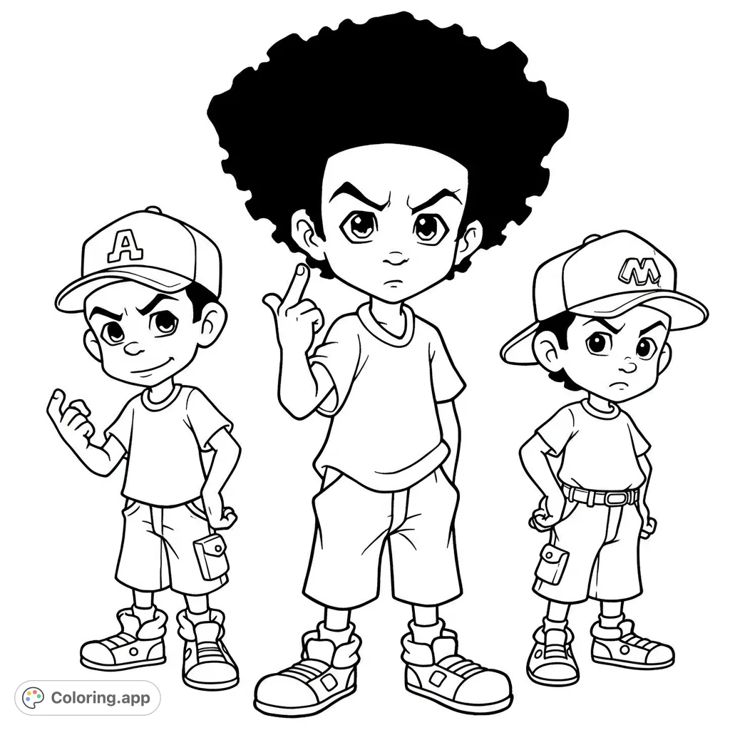 Boondocks coloring page featuring Huey, Riley, and Grandad in a simplified, cartoon style. Bold lines and open spaces make it perfect for kids to color.