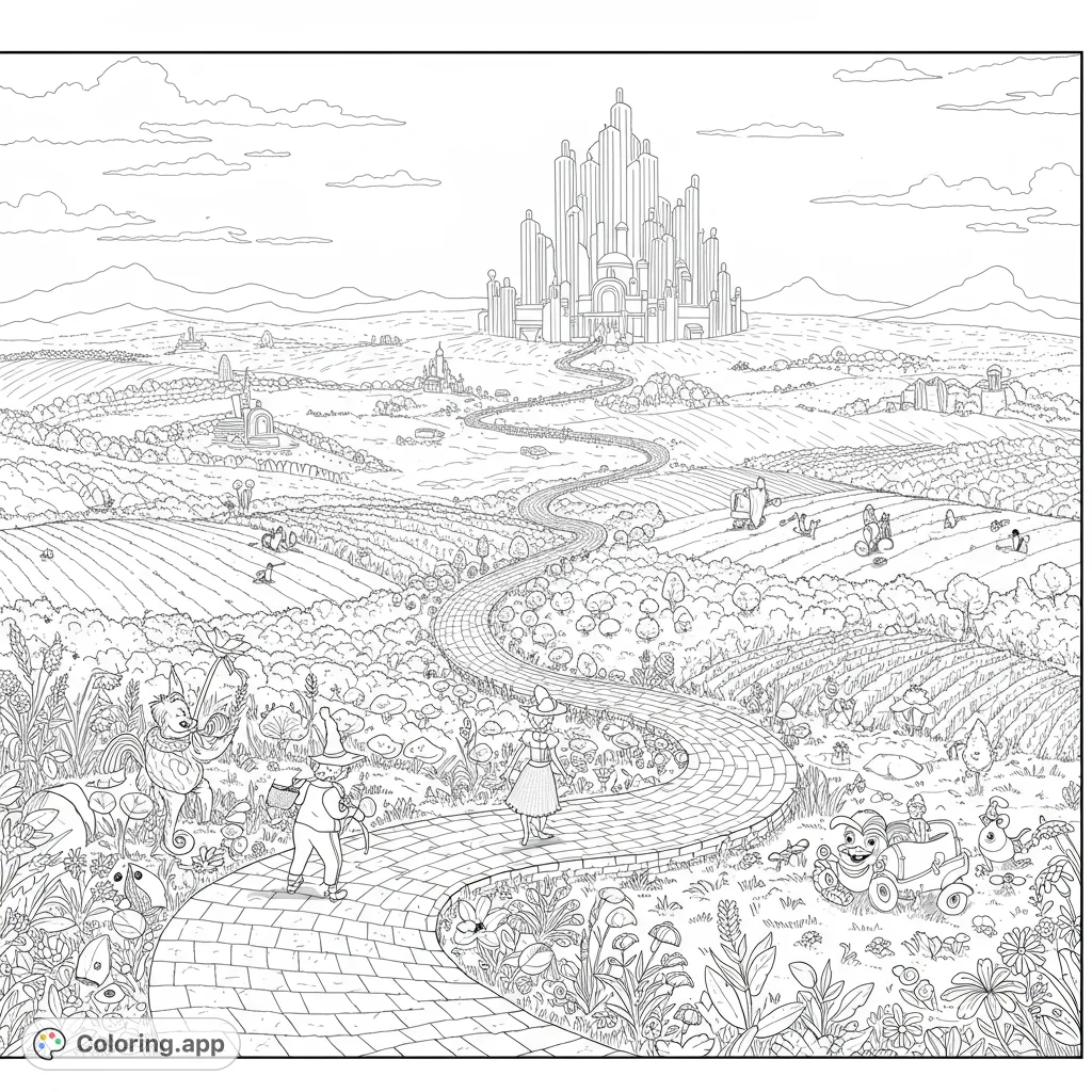 Journey down the Yellow Brick Road! A detailed black and white line art coloring page of the Land of Oz, featuring the Emerald City and diverse landscapes.