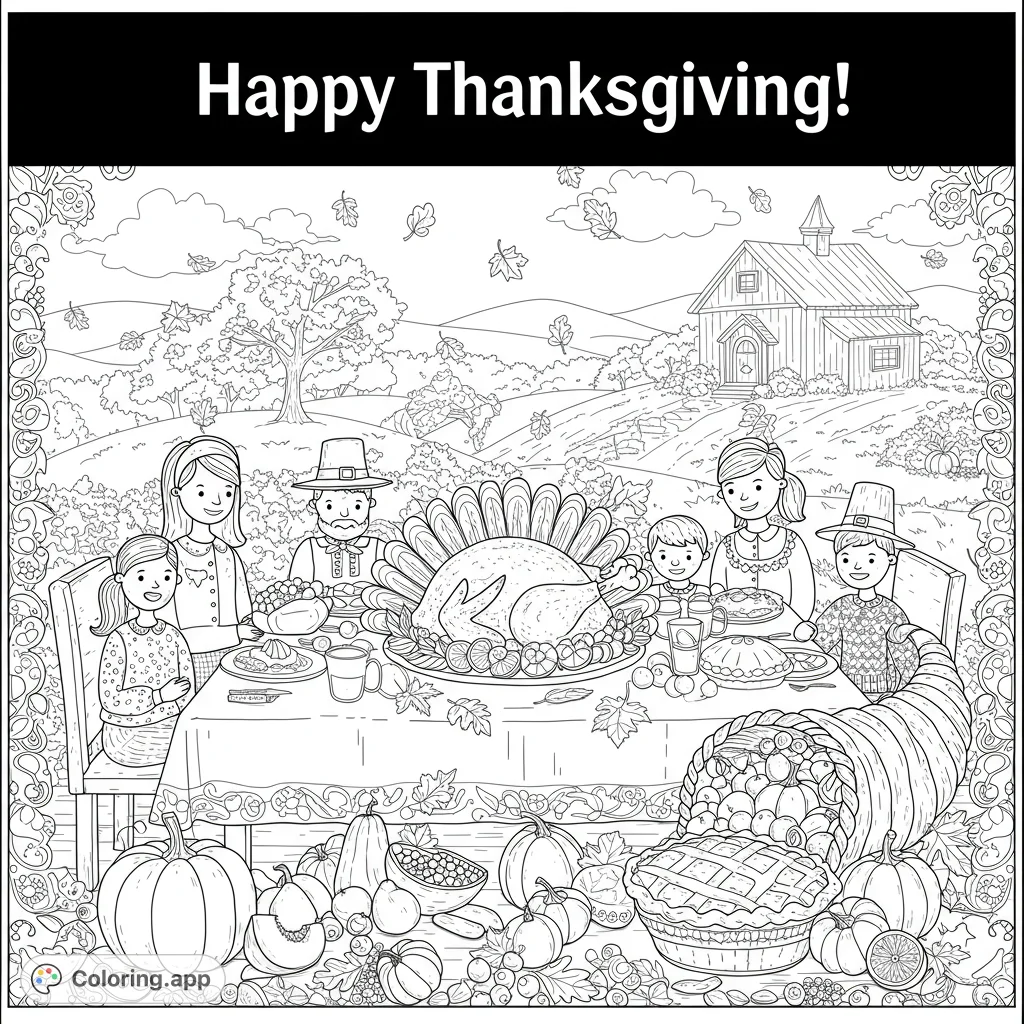 Thanksgiving family feast coloring page. Features a farmhouse, turkey, cornucopia, pumpkins, and autumn leaves.