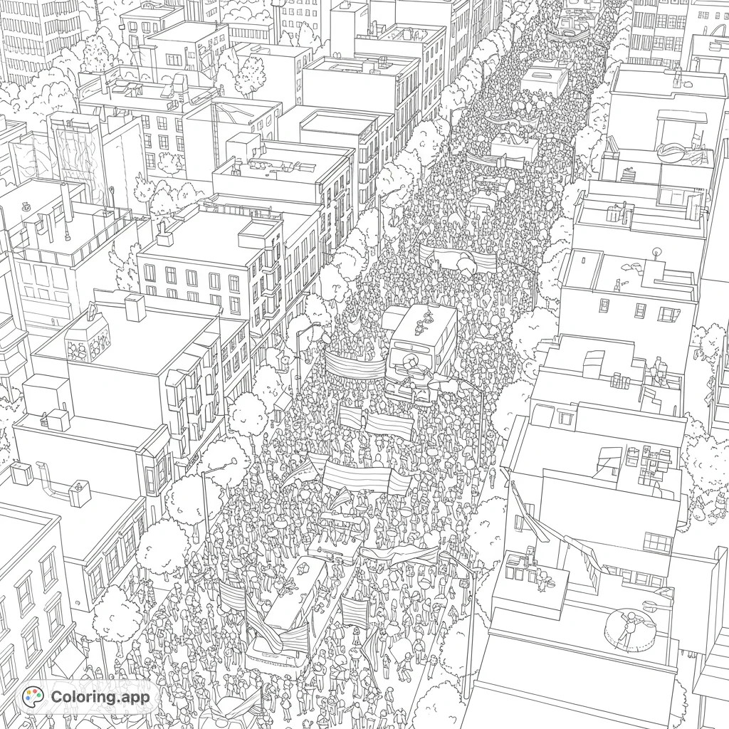 Aerial view coloring page of the San Francisco Pride parade. Features a detailed crowd scene with banners and floats.