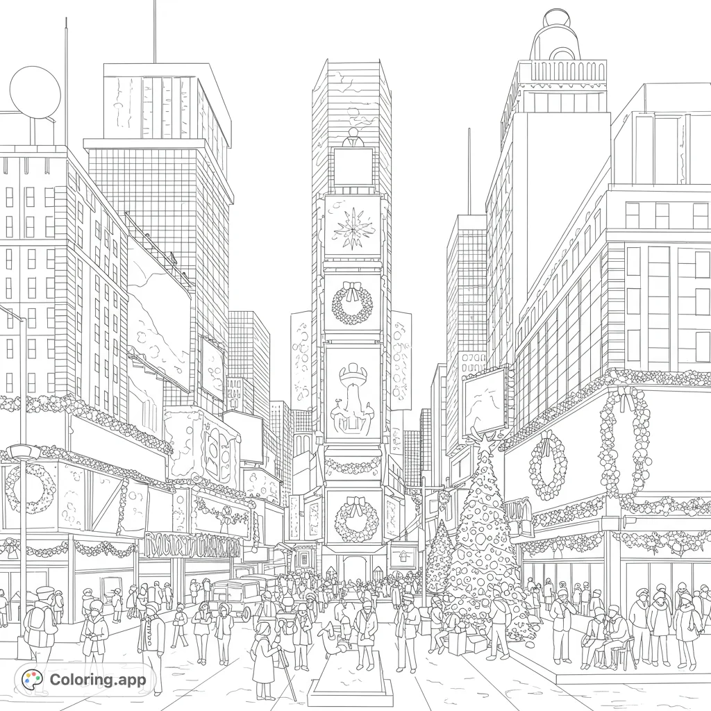 Festive Times Square coloring page! A detailed black and white line drawing of Times Square at Christmas, with iconic buildings, holiday decorations, and people.