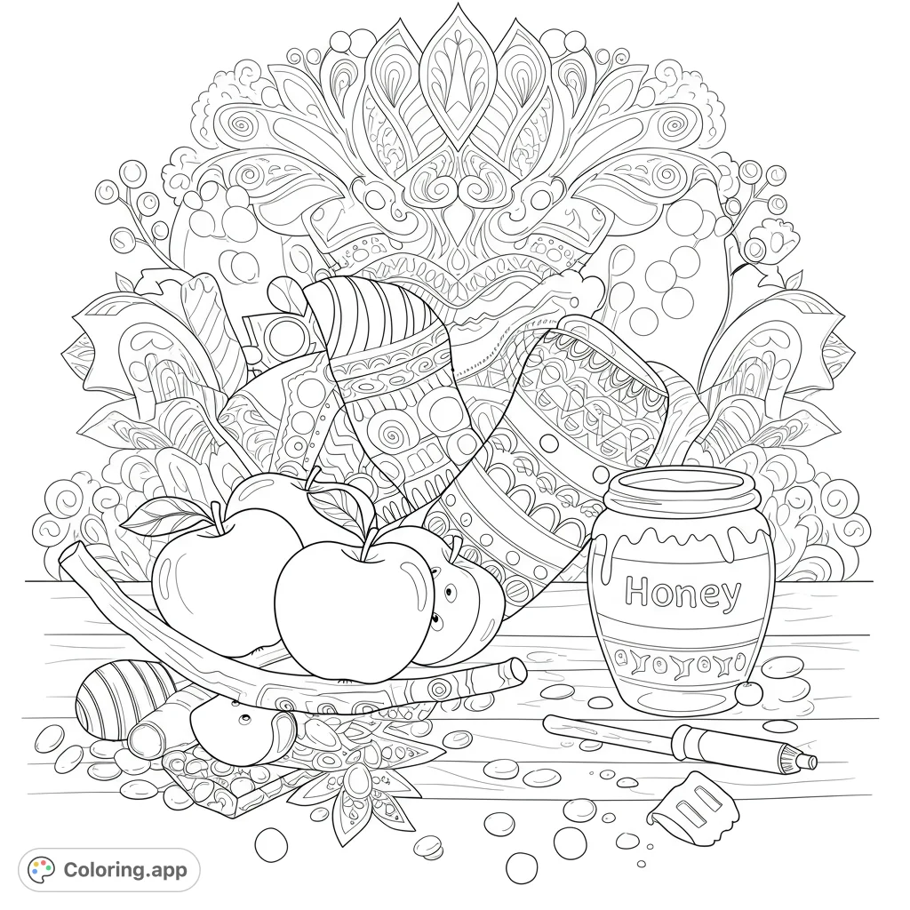 Celebrate Rosh Hashanah with this detailed coloring page! Features a beautiful illustration of a shofar, apples, and honey.