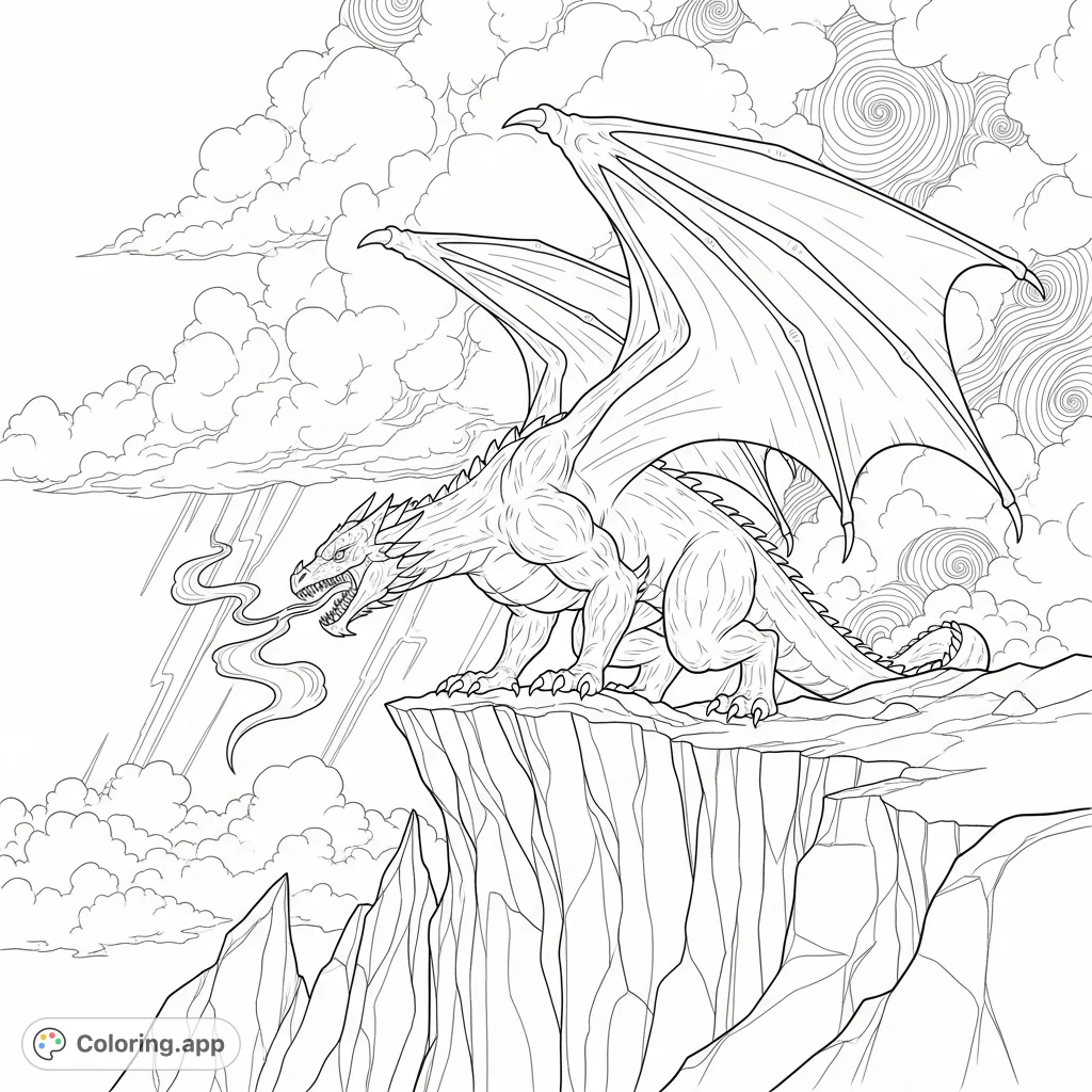 An awe-inspiring coloring page featuring a colossal dragon perched on a jagged cliff with partially spread wings, set against a backdrop of swirling storm clouds.