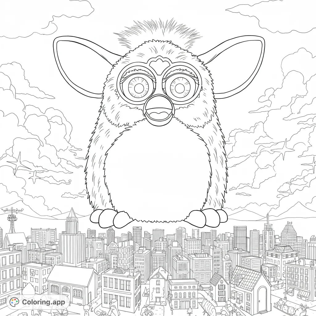 A colossal fluffy creature looms over a bustling city, with detailed buildings and clouds. A fun, imaginative free printable coloring page for all ages.