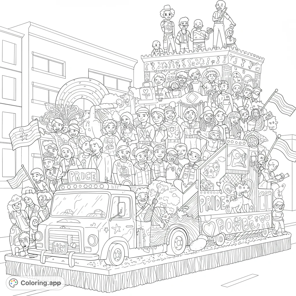 Celebrate diversity with this vibrant community pride parade float coloring page. Features a joyful crowd, festive decorations, and a lively urban scene.