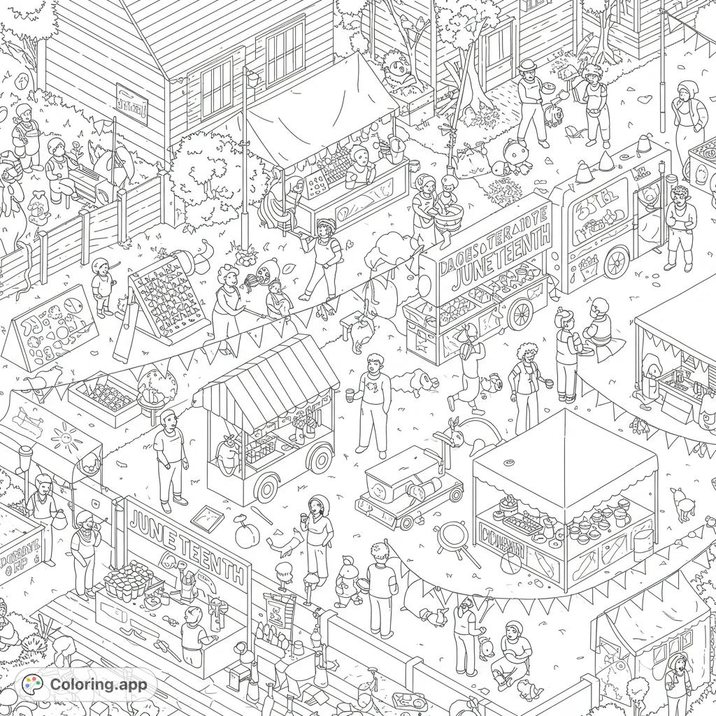 A vibrant community street fair coloring page, bustling with people, market stalls, and festive decorations. Perfect for all ages!