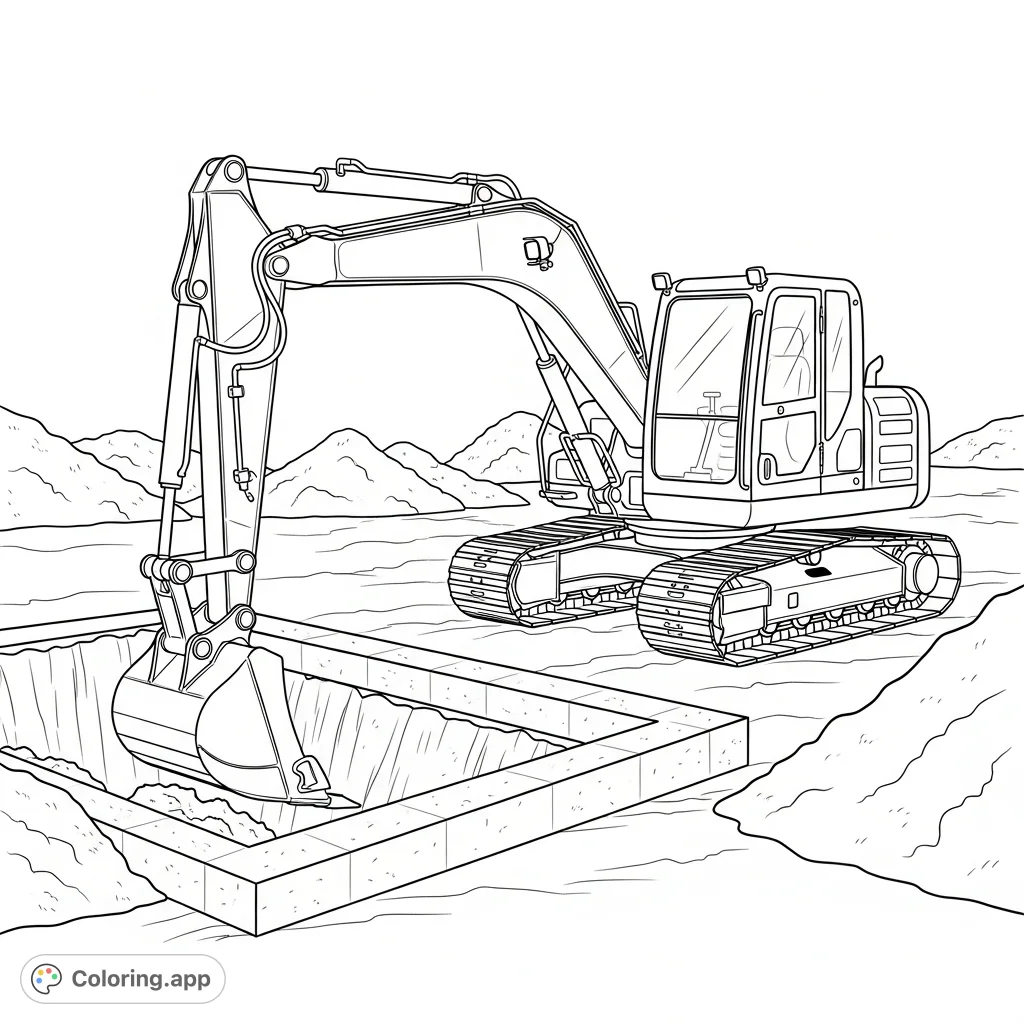 A detailed coloring page featuring a compact excavator actively digging a trench next to a sturdy concrete foundation, surrounded by piles of earth.