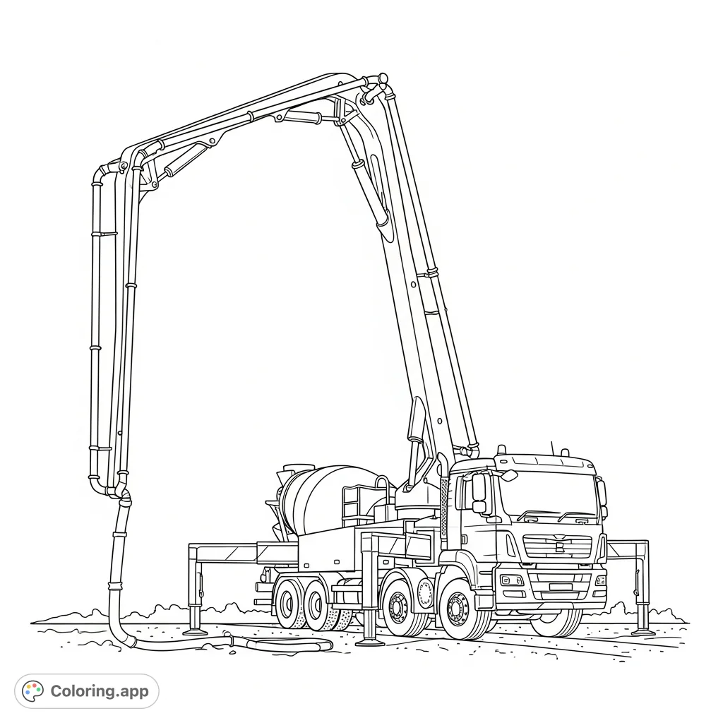 Color a detailed concrete pump truck with its long articulated boom extended, ready to work on a construction site. Perfect for vehicle enthusiasts!