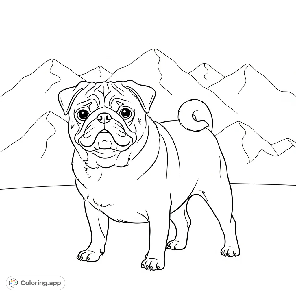 A charming coloring page featuring a confident pug with its signature curly tail, set against a backdrop of simplified mountain peaks. Perfect for all ages.