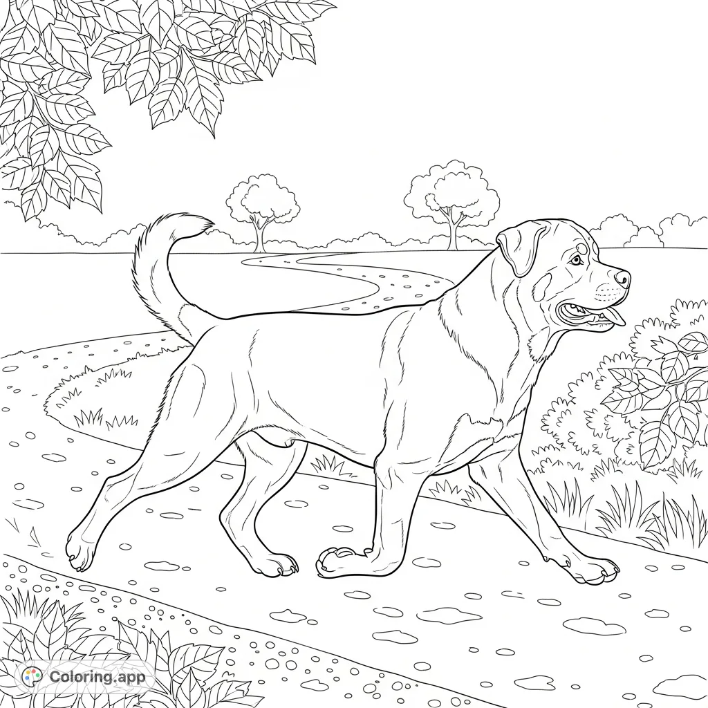 A powerful Rottweiler trots confidently along a detailed park trail, tail curved, surrounded by natural foliage. Perfect for dog lovers to color and relax.
