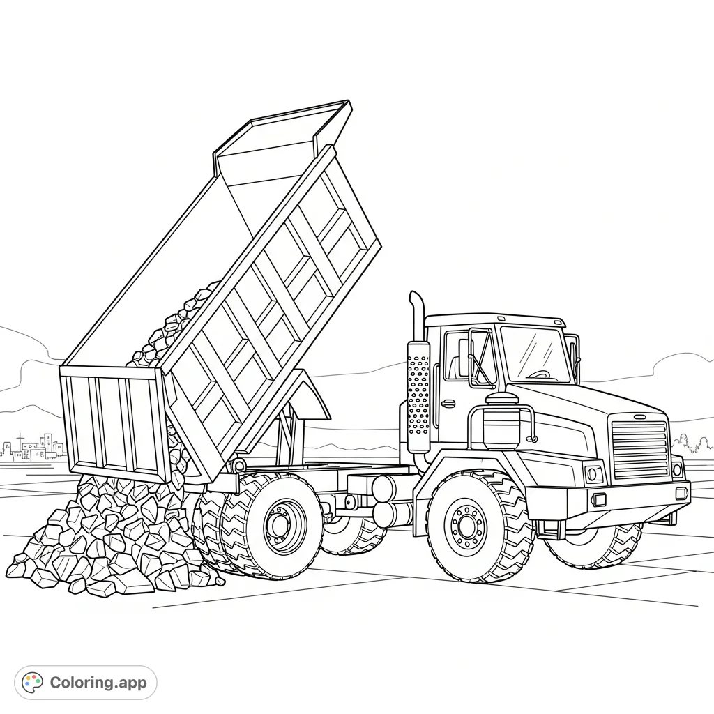 A detailed line art coloring page features a standard construction dump truck with its bed raised, pouring out simple gravel shapes on a job site.