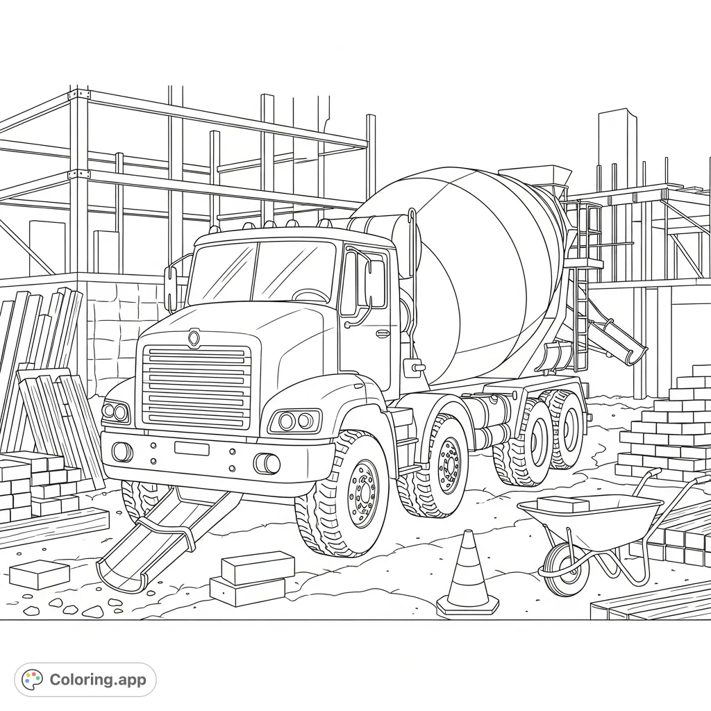 A detailed coloring page featuring a large cement mixer truck arriving at a busy construction site with structural beams, scaffolding, and various building materials.