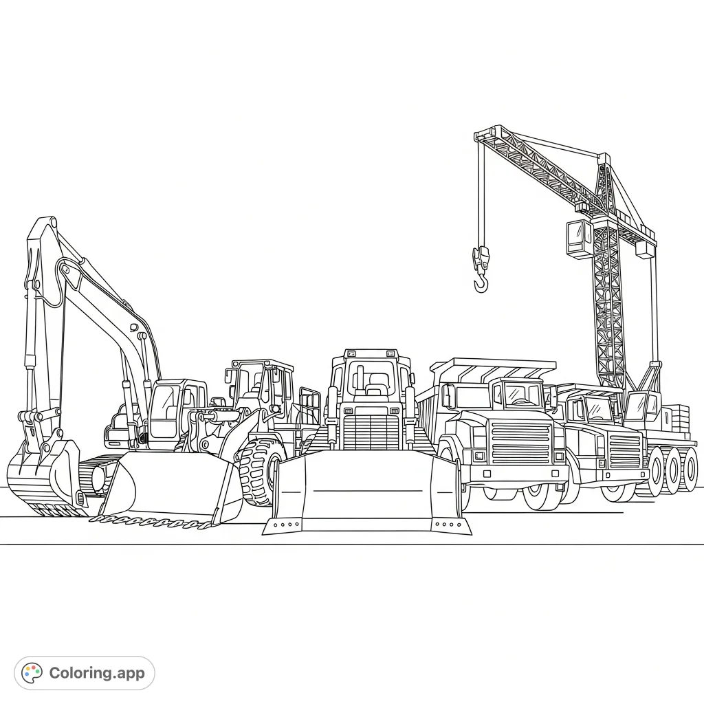 A detailed coloring page featuring five construction vehicles: excavator, loader, bulldozer, dump truck, and crane in a technical composition.