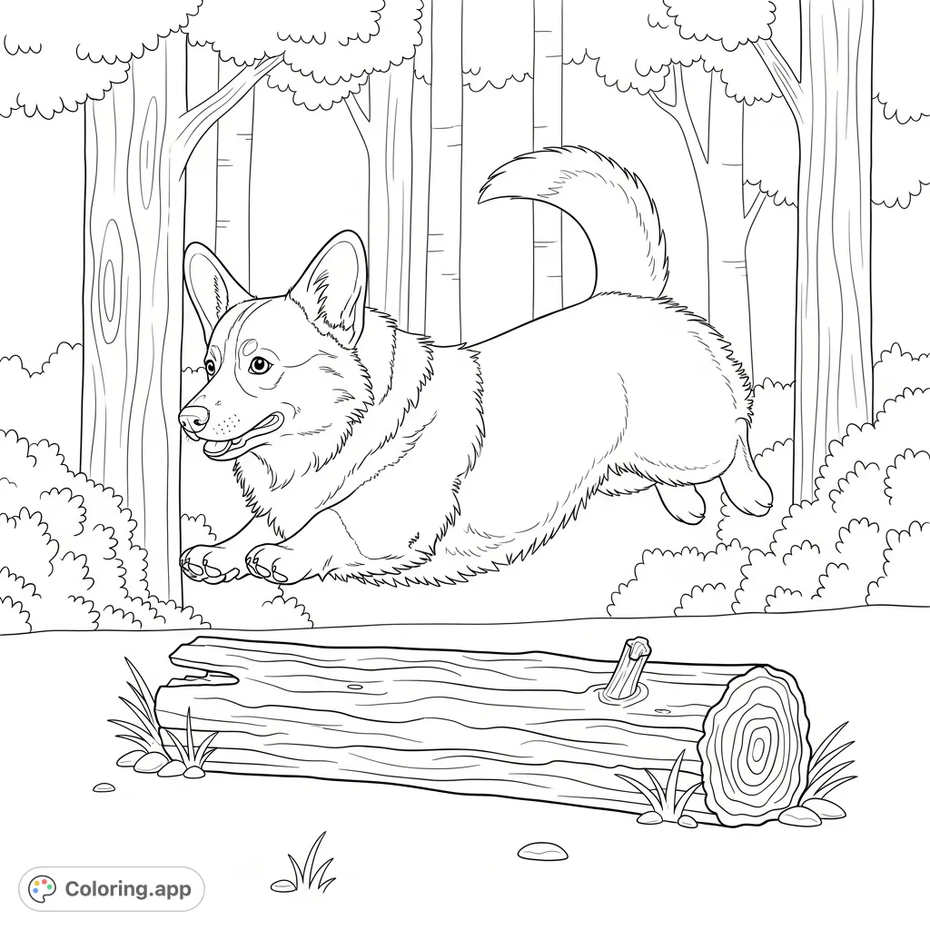 A delightful corgi leaps mid-air over a small log, set against a charming, simplified forest background. A playful scene perfect for all ages.