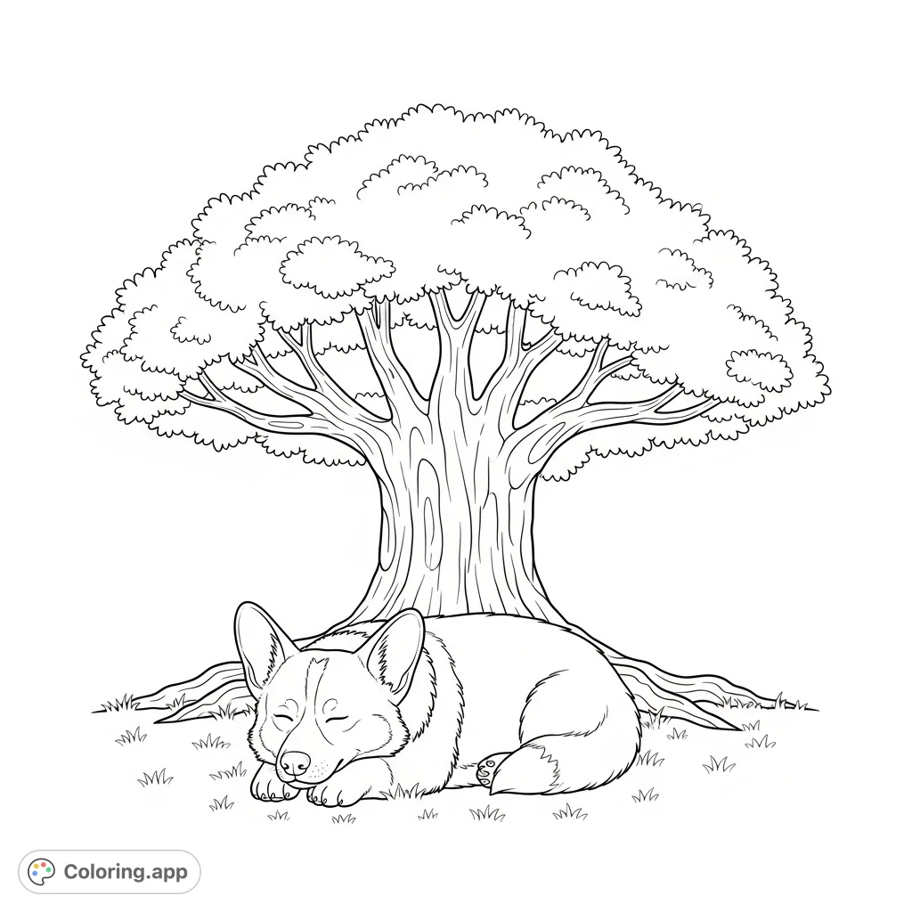 A delightful coloring page featuring a sleepy corgi peacefully napping under a wide, shady tree, complete with visible roots and branches for detail.