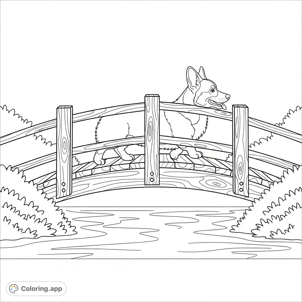 A delightful corgi strolls across a wooden bridge over calm water. This charming scene offers a relaxing and engaging coloring experience for all ages.