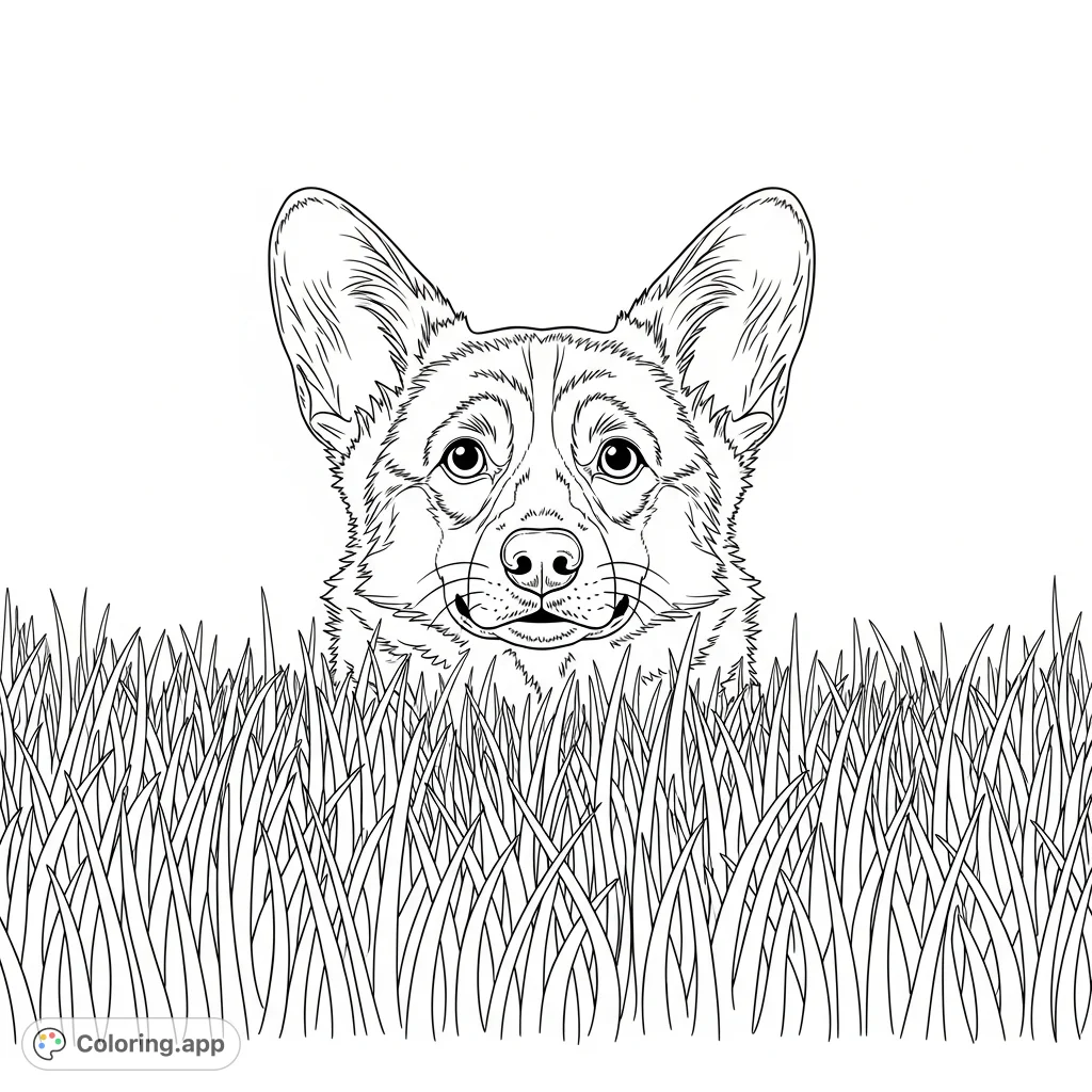 A charming corgi peeks through tall grass, its head and ears visible. A delightful scene for pet lovers and nature enthusiasts to color and enjoy.