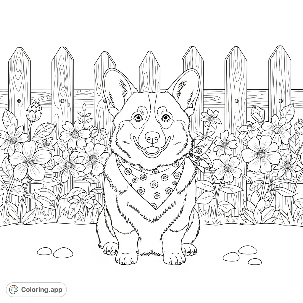 A charming corgi wearing a festive bandana sits proudly before a rustic fence adorned with lush flowers at its base, creating a delightful scene.