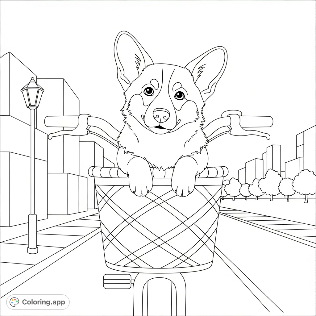 A charming corgi enjoys a leisurely ride in a bicycle basket, with a quaint city street in the background. Perfect for pet lovers and urban scene enthusiasts.