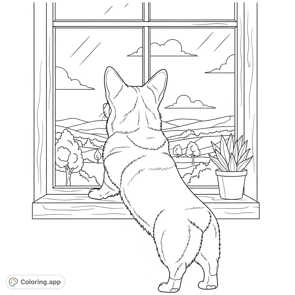 A charming corgi rests its paws on a windowsill, peering out at a tranquil landscape with hills and trees. A delightful scene for animal lovers.