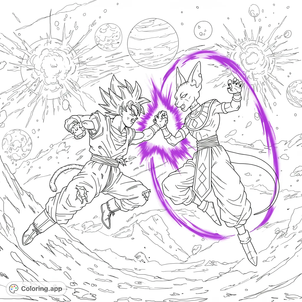 Dynamic anime battle scene featuring two powerful characters clashing amidst cosmic explosions and planets. A thrilling free printable coloring page.