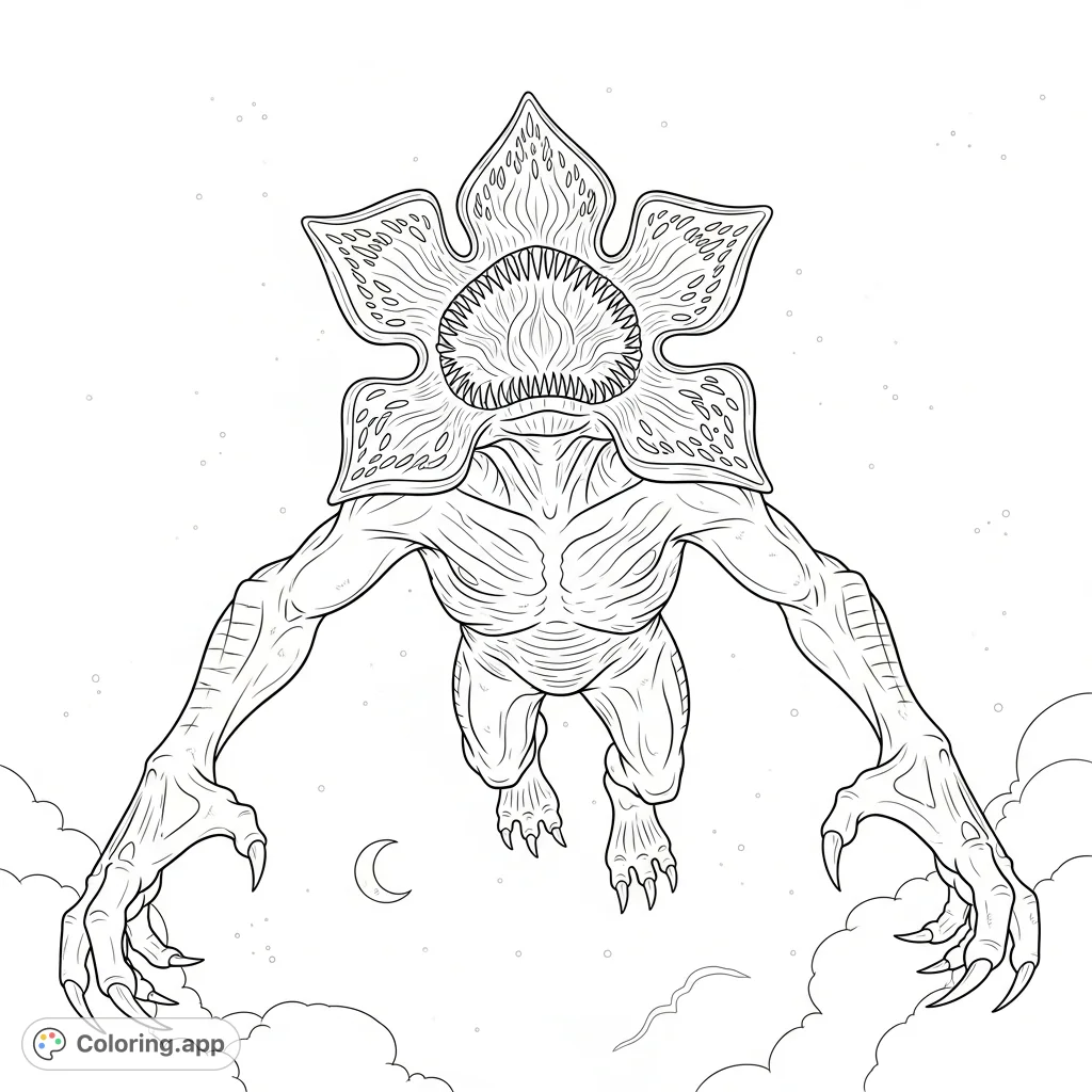 A massive Demogorgon floats menacingly overhead, its textured form and sharp teeth visible against the infinite expanse of space with a crescent moon below.