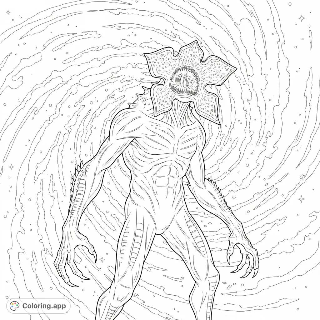 Unleash your creativity with a striking Demogorgon coloring page, featuring the monster against a swirling cosmic nebula. Perfect for fans of horror and sci-fi!