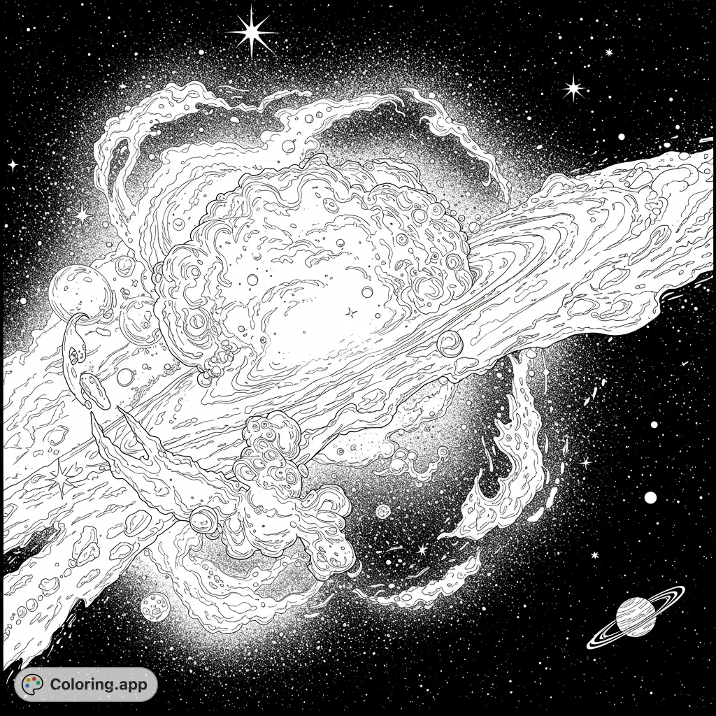 Explore a dynamic cosmic explosion coloring page featuring a central nebula, swirling rings, and distant planets amidst a starry galaxy. A captivating space adventure awaits!