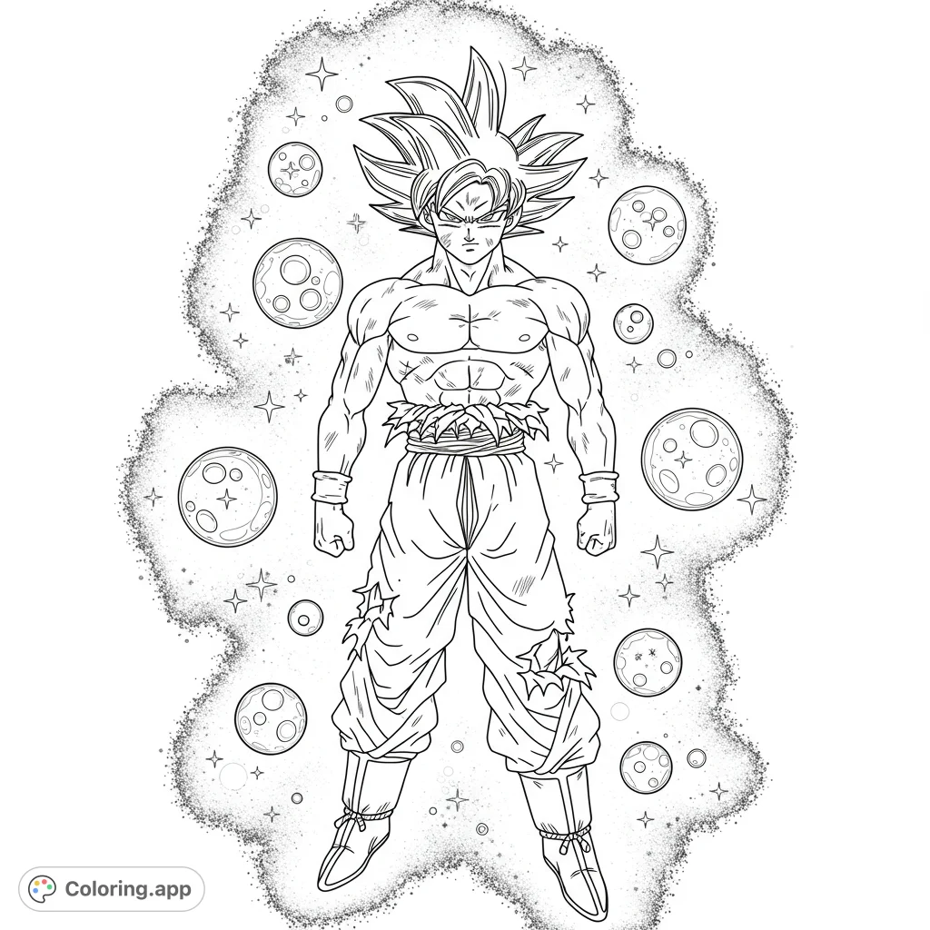 A powerful Super Saiyan warrior stands amidst planets and stars, ready for action. An epic anime-inspired cosmic warrior coloring page.