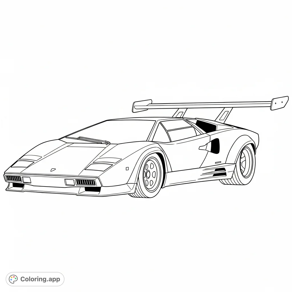 Color a dynamic Countach-inspired concept car featuring an aggressive oversized rear wing. A bold, angular design awaits your creative touch.