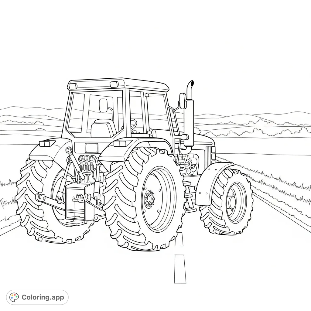 A classic tractor viewed from behind, driving away on a peaceful country road with simplified tire treads and expansive fields stretching towards distant hills.