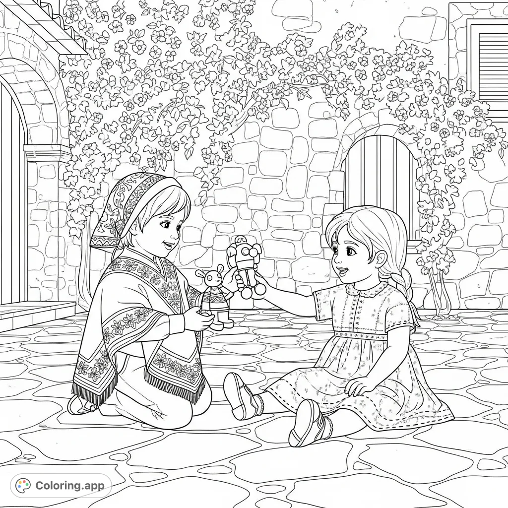A charming scene of two children in traditional attire playing with a wooden toy in a courtyard. Features a stone wall and climbing vines, offering delightful details to color.