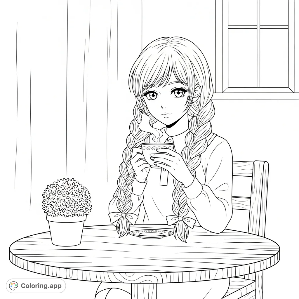 A charming anime girl with twin braids enjoys a warm cup of tea at a cozy table, inviting a tranquil coloring experience.