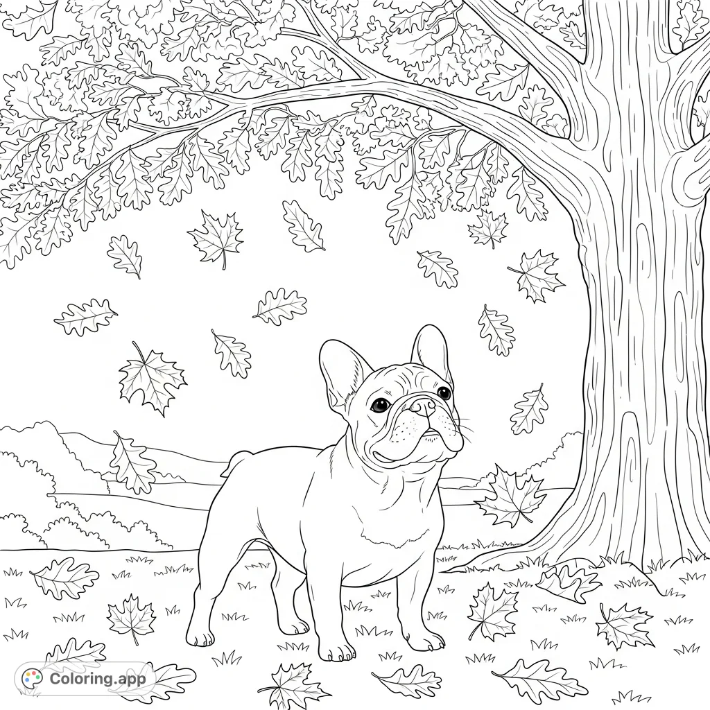 A charming French bulldog enjoying a peaceful autumn day under a mature oak tree, surrounded by gently falling leaves. A delightful fall scene for coloring!