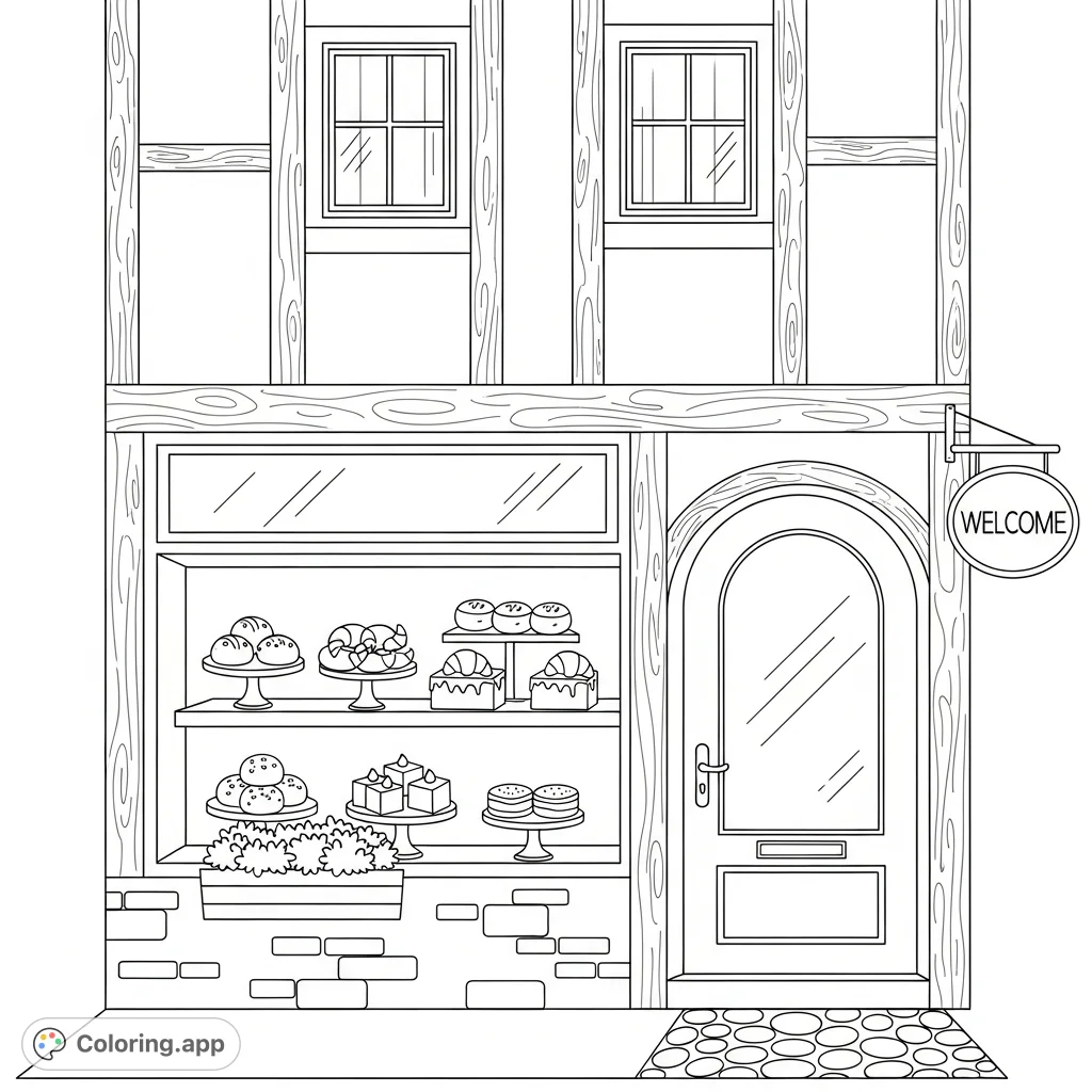 Capture the charm of a quaint bakery storefront with detailed wooden beams and inviting simple-shaped pastries displayed in the window. A delightful scene.
