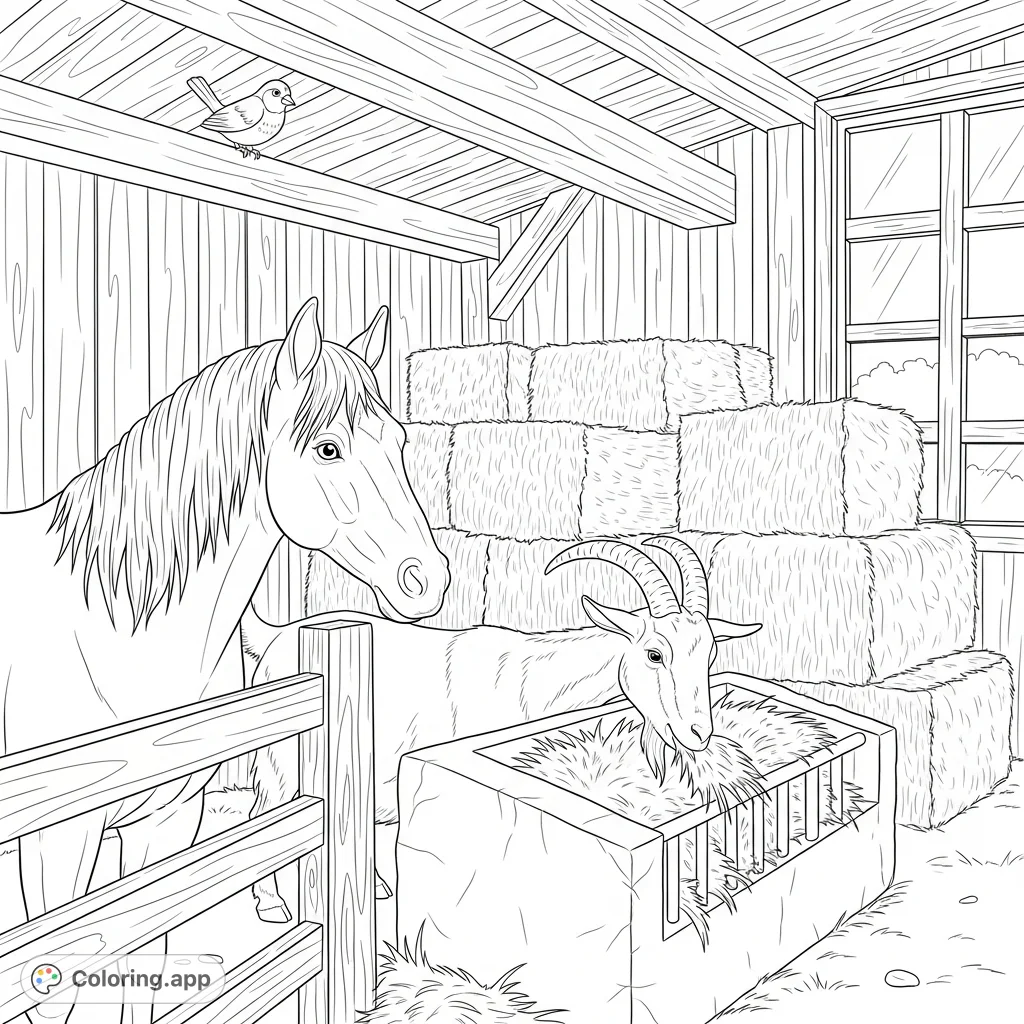 Explore a heartwarming barn scene with a horse, goat, and bird amidst hay bales and wooden structures. A charming farm animals coloring page for all ages.
