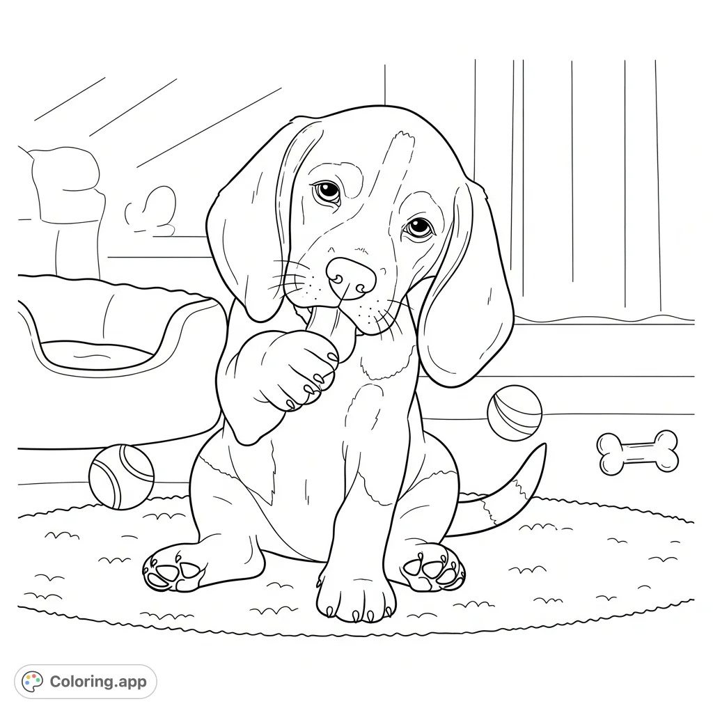 An adorable beagle puppy sits in a cozy indoor setting, playfully licking its paw. Features include floppy ears, soft rug, and scattered toys for a comforting scene.